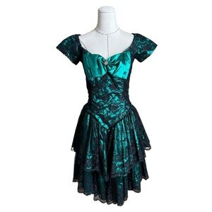 Vintage 80s Loralie Green Metallic Black Lace Bow Dress Party Prom Goth S